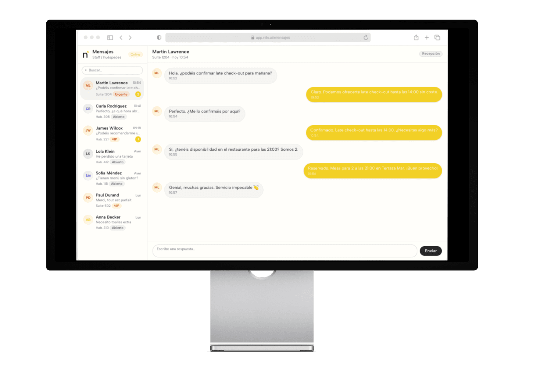 Canal de comunicación NITE: mensajes entre huéspedes y staff
